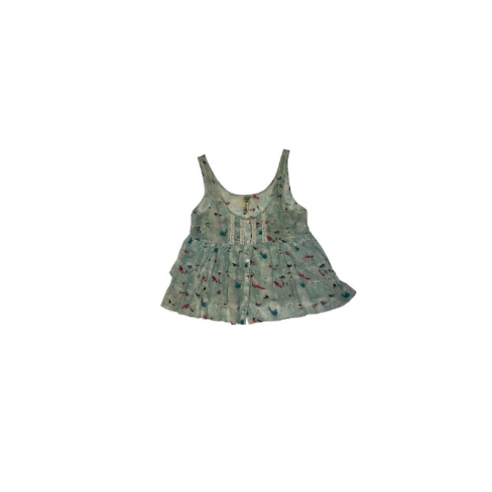Free People Boho Green and Red Bird Themed Sleeveless Top - Women’s Size Small